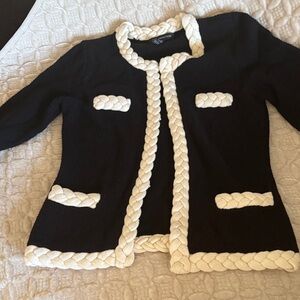 INC International Concepts Black Cardigan with Cream Braided Trim